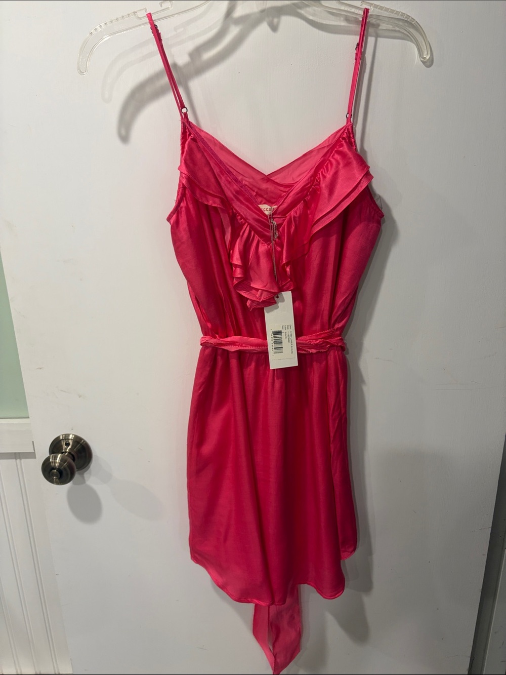 Rebecca Taylor Hot Pink Ruffle Trim Satin Slip Dress size 0 spaghetti straps